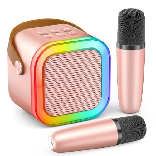 Mini Karaoke Machine, Portable Bluetooth Karaoke Speaker with 2 Wireless Microphones and Party Lights, Birthday Gifts for Girls Boys Family Home Party, Studio Monitor(Rose Gold)