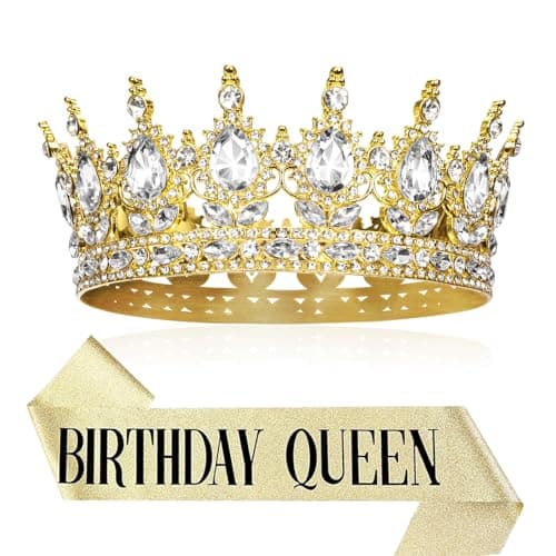 Onedor Gold Queen Crown and Birthday Sash for Women, Crystal Tiara Headband with Rhinestones for Birthday Party, Wedding, Prom Accessories, Cake Topper
