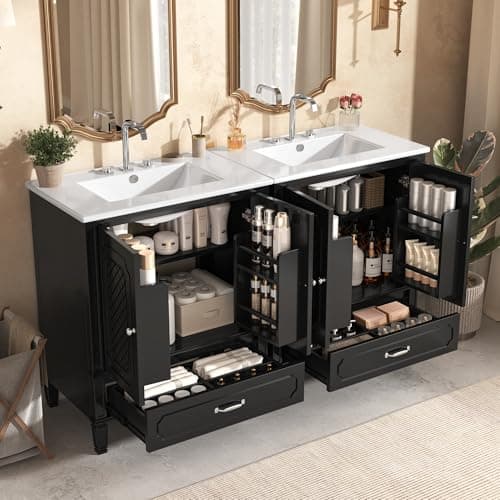 60" Double Bathroom Vanity wit...rame, Soft-Closing Door, Black