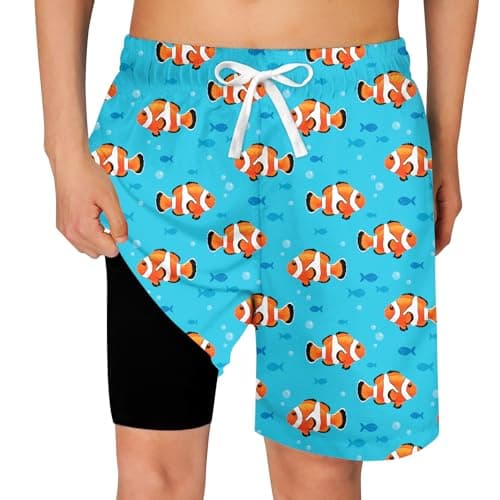 Cozople Boys Clownfish Swim Trunks Quick Dry UPF Boxer Brief Liner Swimwear Bathing Suits Summer Sports Surfing Beach Boardshorts Swimsuit with Inner Compression Shorts Lining