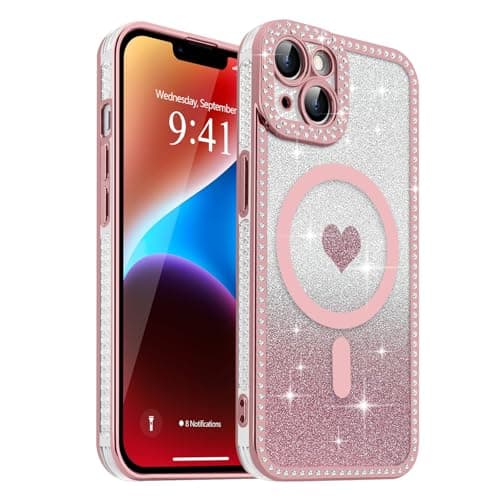 Urarssa Magnetic for iPhone 14 Case Glitter for Women Girls, Cute Love Heart Luxury Diamond Rhinestones Cover, Compatible with MagSafe Non-Yellowing Case for iPhone 14, Rose