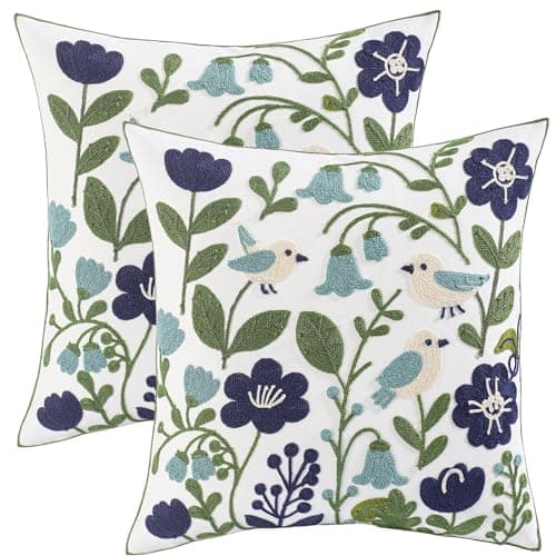 Tosleo Embroidered Throw Pillow Covers 18x18 Pack of 2 Birds Pillow Covers Green Leaves with Floral Pillowcases Farmhouse Pillow Cushion Cases Square Navy Blue Flower Pillow Case Summer Home Decor