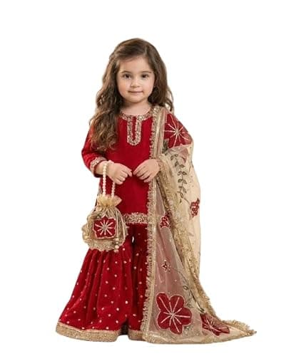 QLUVA Kids Silk Kurta Sharara Set For Girls With Dupatta - Indian Ethnic Party Wear Embroidery Sequence Work. (red, 6-8 years)