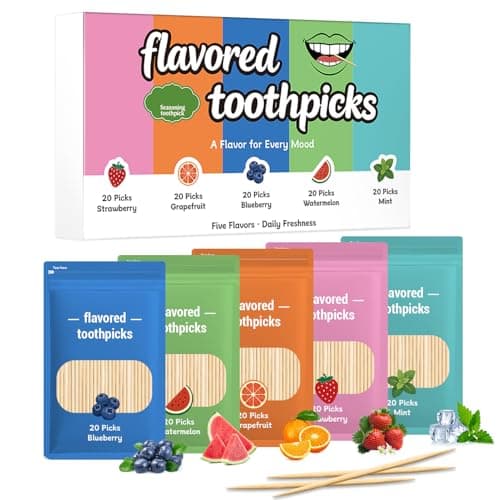 Flavored Toothpicks Combo Pack [5 Flavors] - Strawberry, Grapefruit, Blueberry, Watermelon, Mint (20 Picks/Pack) - Against Nail Biting - Fresh Breath with Flavored toothpicks