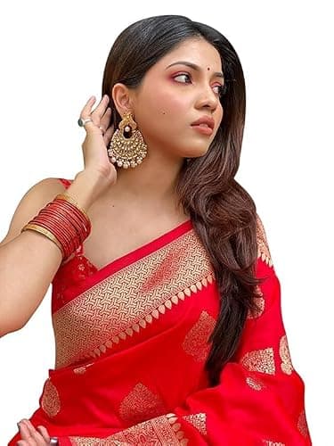 Women's Kanjivaram Art Silk Saree Soft Banarasi Style Sari With Blouse Piece For Wedding/Partywear Gift Item Pack of 1 (Red)