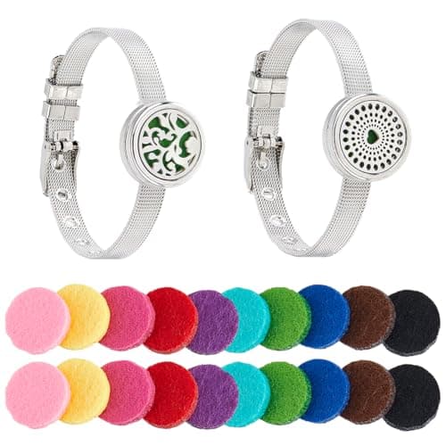 Hobbspring 2 Styles Essential Oil Diffuser Bracelet 8.82 inch Aromatherapy Locket Adjustable Bracelet Stainless Steel Watch Band Bracelets with 20Pcs Washable Refill Pads for Women Men Friends