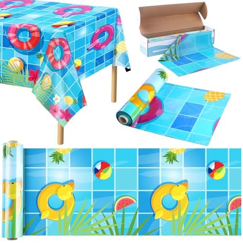 Kochorie 100 Ft x 54 Inch Swimming Pool Plastic Tablecloth Roll Pool Party Table Cover Roll with Cutter Box Summer Themed Ocean Backdrop for Summer Beach Pool Ocean Party Supplies