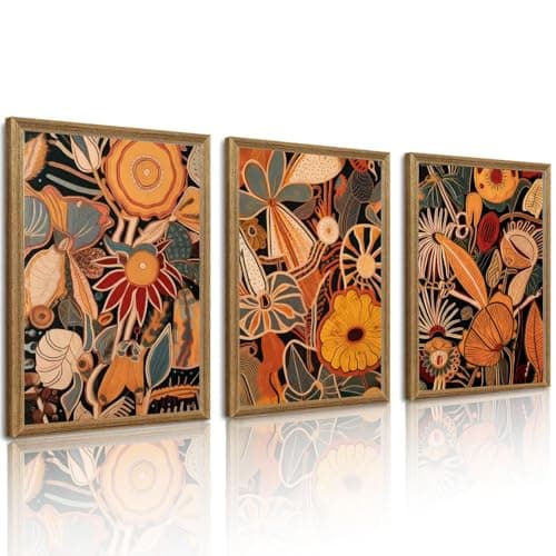 Abstract Foral Wall Art Prints Set of 3, Modern Mid Century Boho Botanical Canvas Painting Posters Black Orange Flower Picture Above Sofa Decor for Bedroom Living Room Office Decoration Unframed 12x16in