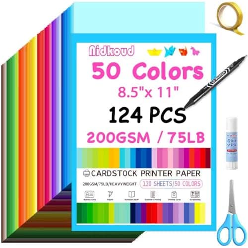 Nidkoud 124 PCS Colored Cardstock 8.5" x 11", 50 Assorted Colors Construction Paper Bulk for Crafts, Thick Card Stock Colorful Printer Paper for Scrapbooking, Card Making, Kids School Supplies(200GSM)