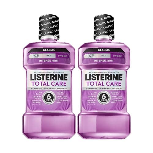 Listerine Mouthwash Total Care Anti Cavity Treatment for Adults Kills 99.9% of Bad Breath Germs in Intense Mint Antibacterial Fluoride Mouthwash, 2 pack of 33.8 fl oz​