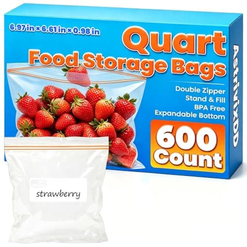 600 Count Quart Food Storage Bags, Reclosable Quart Bags with Double Zipper Seal, Plastic Food Storage Bags for Meat, Vegetables, Fruits, Sandwich，Snack，Stand-Up Bottom