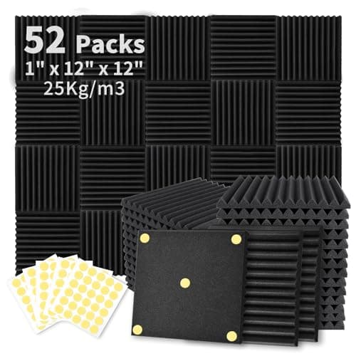Focusound 52 Pack Acoustic Foam Panels 1" x 12" x 12" Sound Proof Foam Panles Soundproofing Noise Cancelling Wedge Panels for Home Office Recoding Studio with 300PCS Double-Side Adhesive