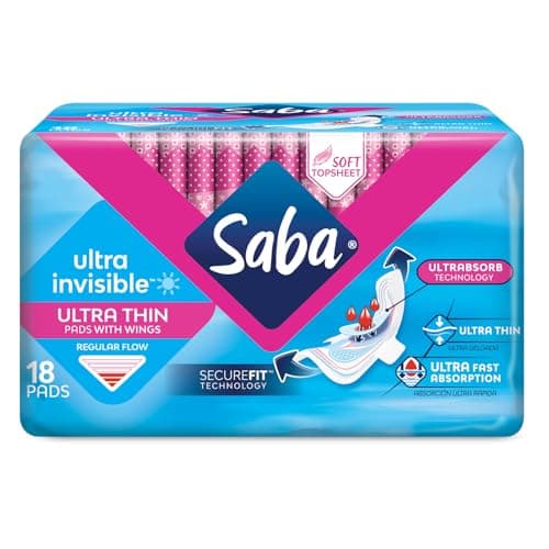 Saba Ultra Invisible Ultra Thin Regular Flow Pads with Wings and SecureFit Technology, 6-Pack of 18 Pads (108 Count)