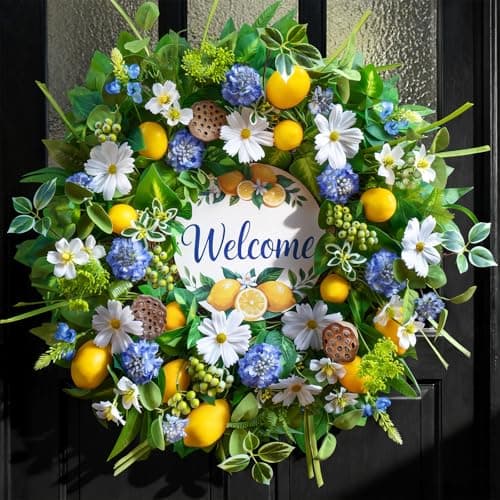 Spring Summer Wreaths for Front Door 24 Inch,Summer Wreath with Artificial Lemon,Daisy,Hydrangea & Lotus Pods,Door Wreath for Indoor Outdoor Farmhouse Home Decor