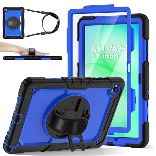 Case for Samsung Galaxy Tab A11 Plus 2025 / A9 Plus 11 Inch 2023, Galaxy Tab A11+ / A9+ Case with Screen Protector, Full-Body Drop Protection, 360° Rotating Stand & Hand/Shoulder Strap - Black Blue