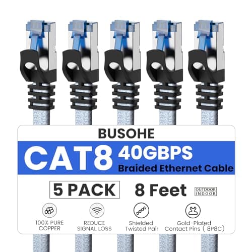 BUSOHE Cat 8 Ethernet Cable 8 FT 5 Pack, Nylon Braided High Speed Heavy Duty Network LAN Patch Cord, 40Gbps 2000Mhz SFTP Shielded RJ45 Flat Internet Cable for TV/PC/Router, in Wall, Indoor, Outdoor