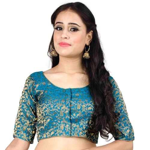 Chandrakala Banarasi Blouses for Women Sarees,Readymade, Teal Blue,Large (B214TEA4)