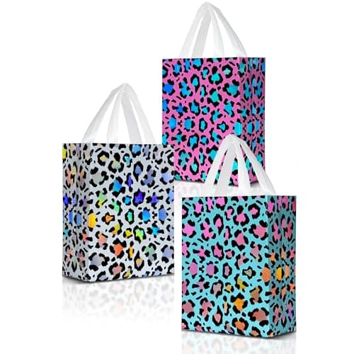 Nush Nush Leopard Print Gift Bags with Handles - Medium Size, 6 Pack in 3 Iridescent Holographic Colors - Reusable Cheetah Gift Bag for Safari Party Favors, Jungle Theme, Girl Parties