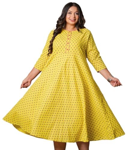 Yash Gallery Women's Floral Printed Anarkali Kurta for Women (Yellow,XXL)