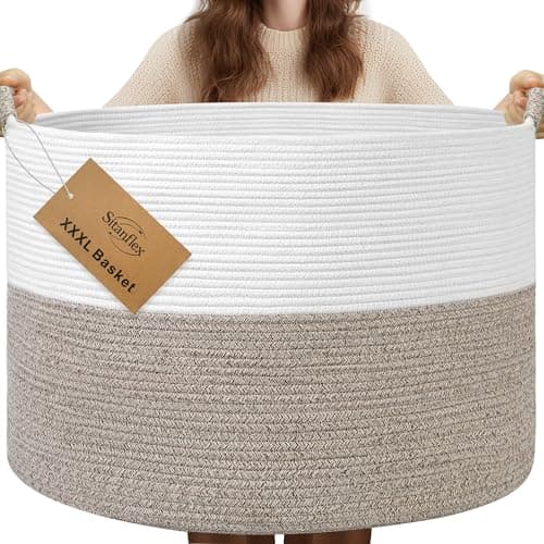 XXXL Large Blanket Basket for Living Room, 21.7" x 13.8" Woven Cotton Rope Laundry Hamper for Pillows, Towels & Toy Storage - Decorative Round Storage Basket with Handles for Nursery, Baby & Dog Toys