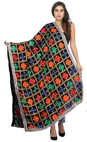 Exotic India Chiffon Phulkari Dupatta with All-Over Hand Embroidery Elegant Design Stole, Chunni for Women's