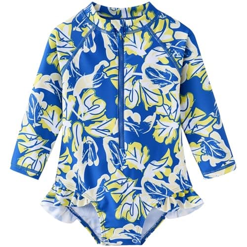 UMELOK Baby Girls One Piece Swimsuit UPF 50+ Sun Protection Floral Printed Long Sleeve Rash Guard Swim Suit Infant Swimwear with Zipper Abstract Yellow Flower,24M
