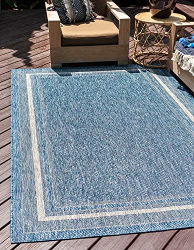 Unique Loom Outdoor Border Col... x 10' Rectangle, Blue/ Ivory)