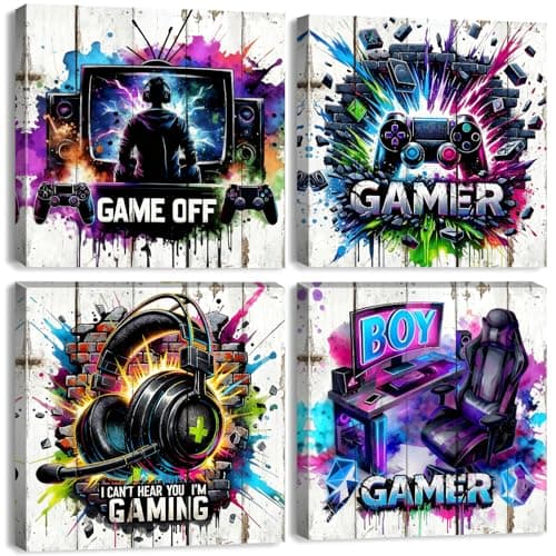 4Pcs Gaming Wall Art Boys Bedroom Decor Neon Game Accessories Pictures Cool Graffiti Gamer Wall Decor Controller Headset Video Game Canvas Artwork for Teen Bedroom Gaming Room Home Decoration 12x12''
