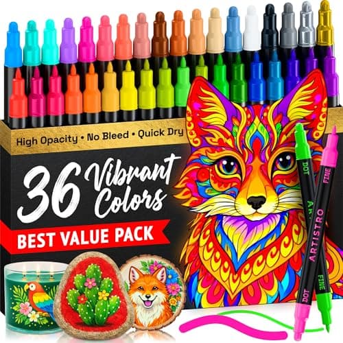 ARTISTRO 36 Precision Dual-Tip Acrylic Paint Markers – Paint Pens Set with Dot & Fine Tips for Fabric, Rock, Glass, Wood, Coloring Books – Arts & Crafts Gift – Classroom Must Haves & School Supplies