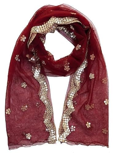 Fashstastic Embroidered & Embellished Plastic Mirror Net Dupatta for Womens & Girls With Cut Design (Maroon)