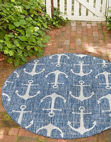 Unique Loom Outdoor Coastal Co...oy (7' 10" Round, Blue/ Ivory)