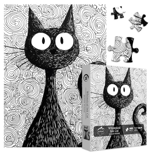 Black Cat Puzzle for Adults 1000 Pieces, Whimsical Cat Jigsaw Puzzle Ink Art, Impossible Challenging Black and White Puzzles, Hard Difficult Puzzles