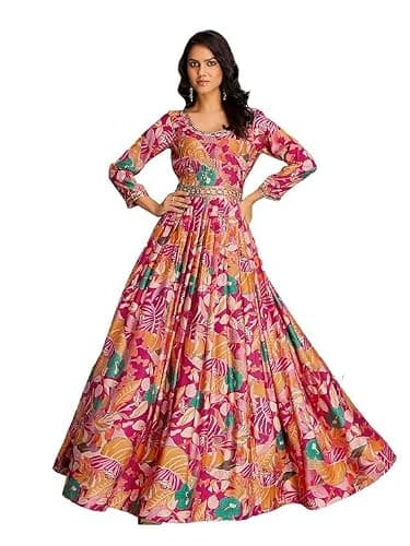 madhuram textiles Women’s Embroidered Rayon Vatican Print Anarkali Dress | Long Flared Ethnic Gown with Full Sleeves for Party & Festive (US, Alpha, X-Large, Regular, Regular, Pink)