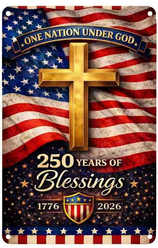America 250th Anniversary Tin Sign, 4th of July Patriotic Decor,250 Years of Blessings Vintage Metal Sign Patriotic Cross Design, 1776–2026 Commemorative Wall Decoration for Home, Bedroom, Patio, Yard, 8 x 12 Inch