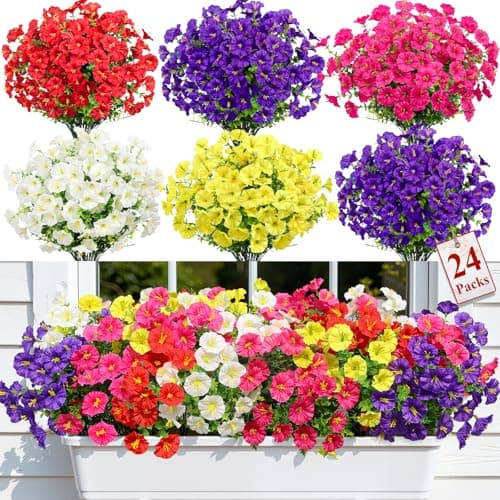 Alupssuc 24 Bundles Artificial Flowers for Outdoors Spring Decoration, UV Resistant Faux Petunia Silk Morning Glory with Eucalyptus Realistic Fake Flowers for Yard Planter Porch Garden, 5 Colors