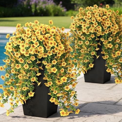 VIERENA 4 Bundles Artificial Hanging Morning Glory Flowers for Outdoor, Realistic Hanging Flowers Silk Fake Morning Glory with Faux Eucalyptus for Yard Garden Porch Patio Balcony Home Decor (Yellow)