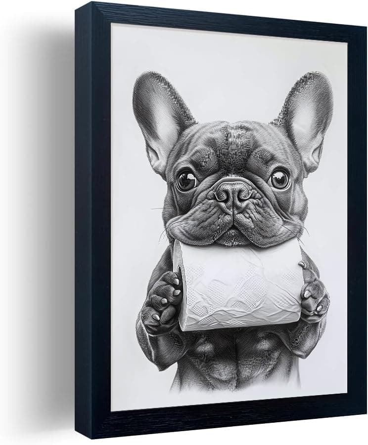 Bathroom Picture Wall Decor, Framed Black and White Bathroom Wall Art, Toilet Paper in Little Funny French Bulldog's Hand Canvas Print Painting, 10"x8"