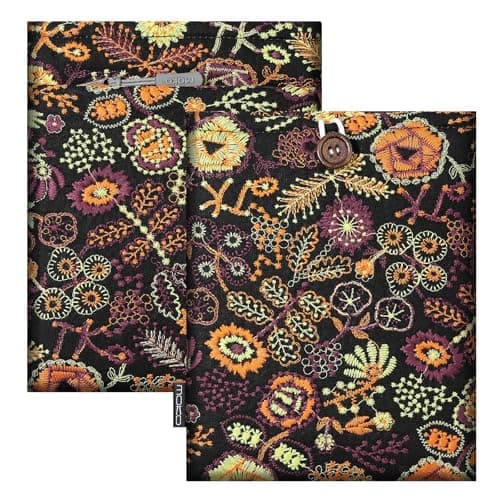 MoKo 6-7 Inch Embroidered Daisy Padded E-Reader Sleeve Zippered Bag with Back Pouch for 7" eReader Colorsoft Signature Edition 2024, 6" Nook, 6" Kobo Clara eReader, Black Yellow Flowers