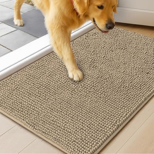 MudGuard Mat™ Dog Door Mat for Muddy Paws, Super Absorbent Microfiber, Non-Slip Indoor Mat, Quick Dry Chenille Mud Mat for Dogs & Entryway, Washable, Beige 19" x 30"
