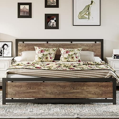 LIKIMIO King Bed Frame with He..., No Box Spring Needed, Walnut