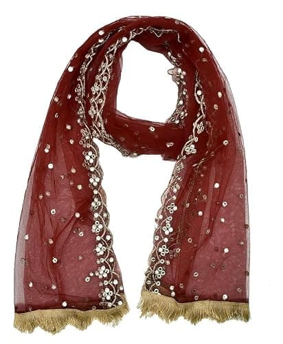 Fashtastic Plastic Mirror Emboridered Net Dupatta for Womens & Girls With Fancy Cut Design with Lace (Maroon)