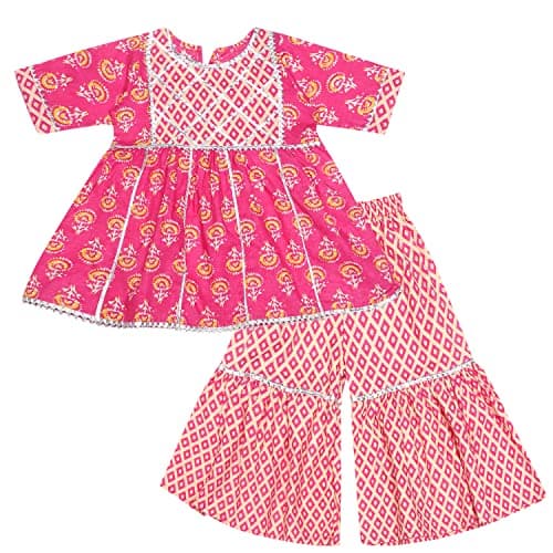 Superminis Baby Girls Cotton Sanganeri Printed Frock Style Kurti with Printed Sharara Dress (12-18 Months, Light Pink)