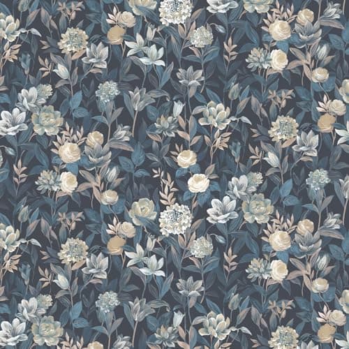 Vinjiasin Vintage Floral Wallpaper Peel and Stick Removable Floral Contact Paper Dark Blue Flower Wall Paper for Bedroom Living Room Accent Wall Decor 17" x 120"