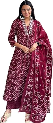 ZYLAURA Indian Casual Dress for Women Salwar Kameez Suit - Pure Cotton Ethnic Anarkali Kurta Set, Festive Traditional Wear 3/4 Sleeve Wine-Color Medium-Size