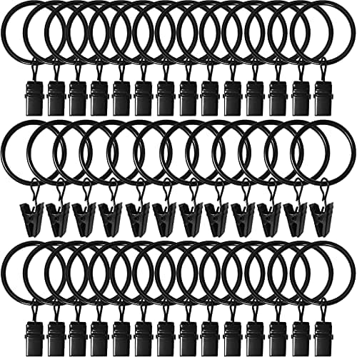 AMZSEVEN 40 Pack Curtain Rings with Clips, Drapery Clips with Rings, Drapes Rings 1.26 in Interior Diameter, Fits up to 1 in Curtain Rod, Black