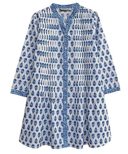 Juno Pure Cotton Printed Front Pleated Tunic Top Kurti Blouse, Blue, XS