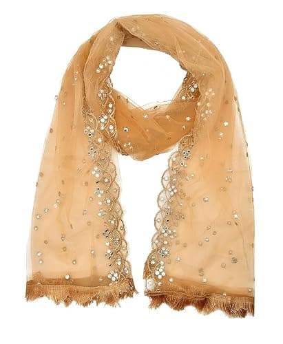 Fashtastic Plastic Mirror Emboridered Net Dupatta for Womens & Girls With Fancy Cut Design with Lace (Beige)