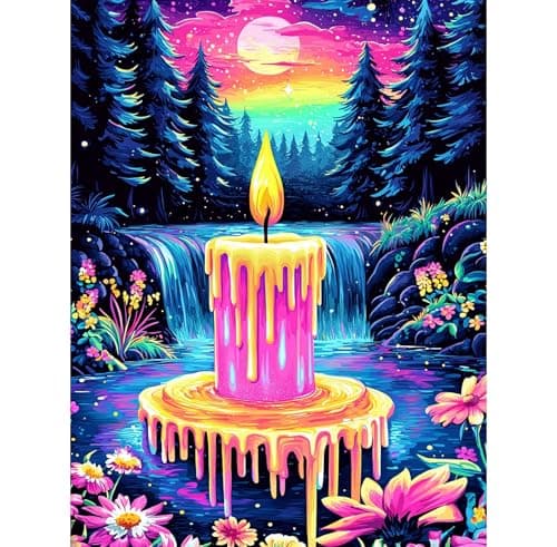 QENSPE Pink Candle Diamond Art Kits for Adults, DIY Full Drill Diamond Painting Art Kit for Beginners, 5D Round Diamond Dots Paintings Fantasy Landscape, Gem Art Crafts Home Wall Decor 12x16 inch