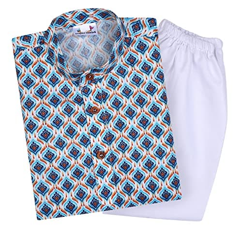 Superminis Baby Boys Printed Cotton Kurta With White Pyjama Dress (18-24 Months, Blue)