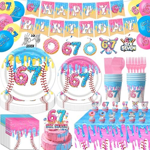 131pcs 6 7 Birthday Decorations, 6-7 Birthday Decorations, 6 7 Birthday Theme Set: Banner,Tablecloth,Cake Topper,Cupcake Toppers,Balloons,Cups,Napkins,Plates & Forks For 67 Birthday Decorations